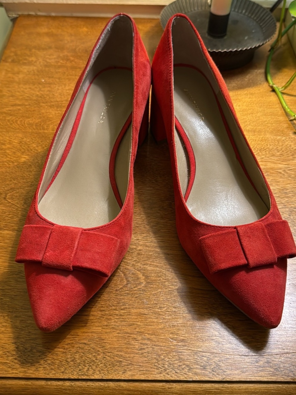 Ann Taylor Red Suede Pointed Toe Pumps with Bow Accent